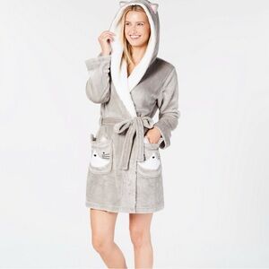 NWT Jenni Cozy Gray Hooded Cat Robe Size M/L